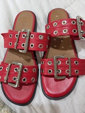 Red Double-Buckle Slide Sandals Size 39(8)